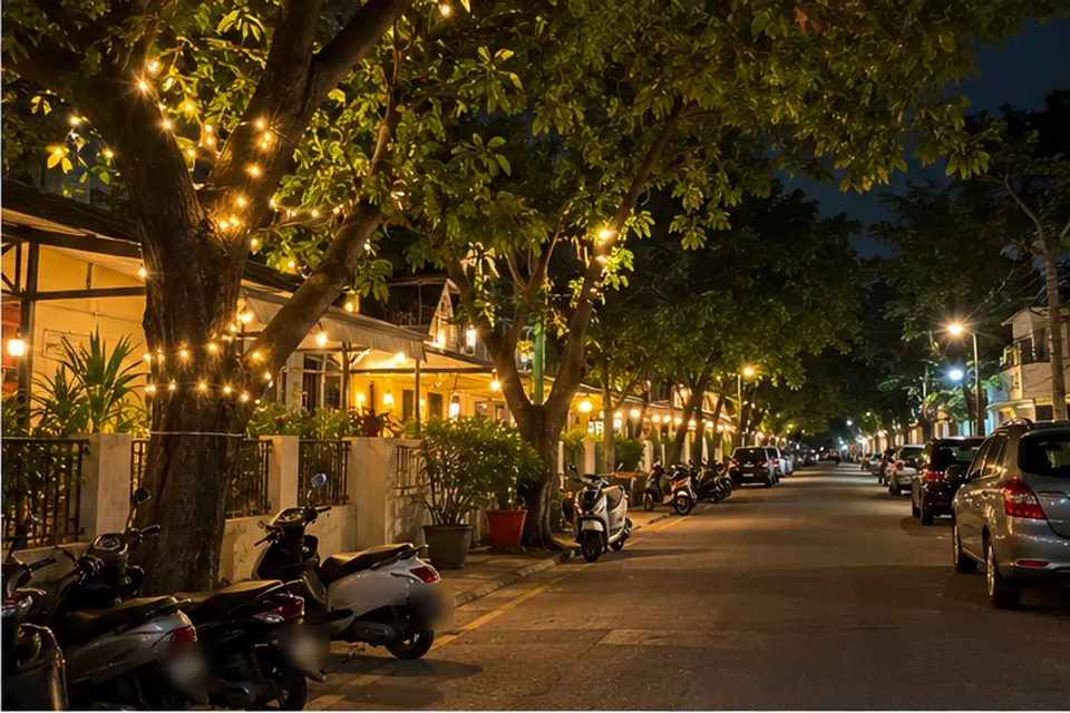 Second Avenue in Besant Nagar at night, cafes lit and lights in the trees