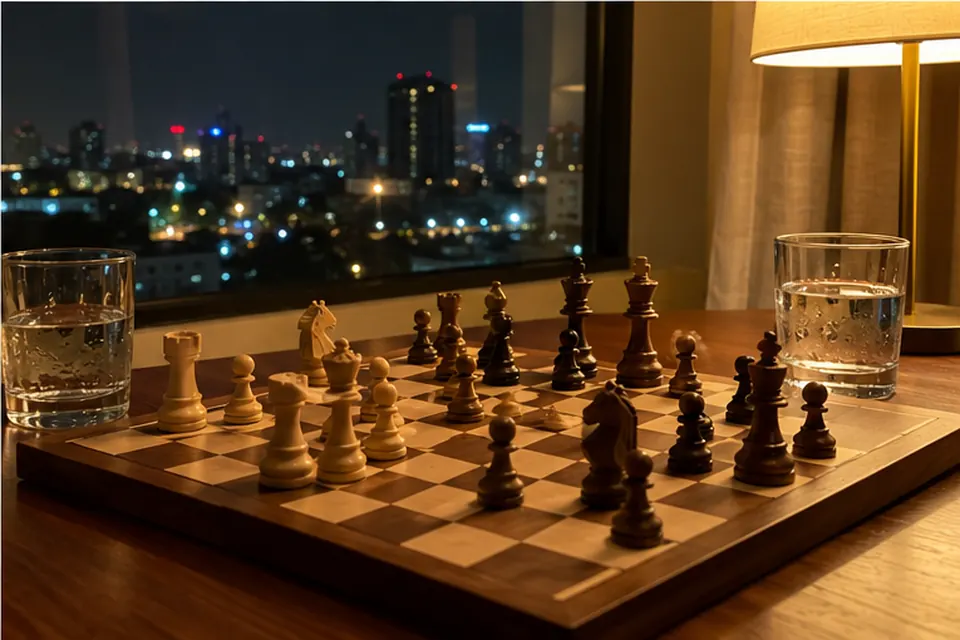 A wooden chess set mid-game on a table by a window at night