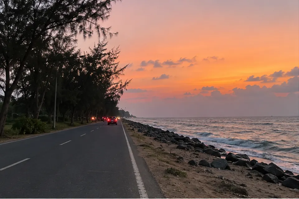 The East Coast Road beside the sea south of Chennai at dusk