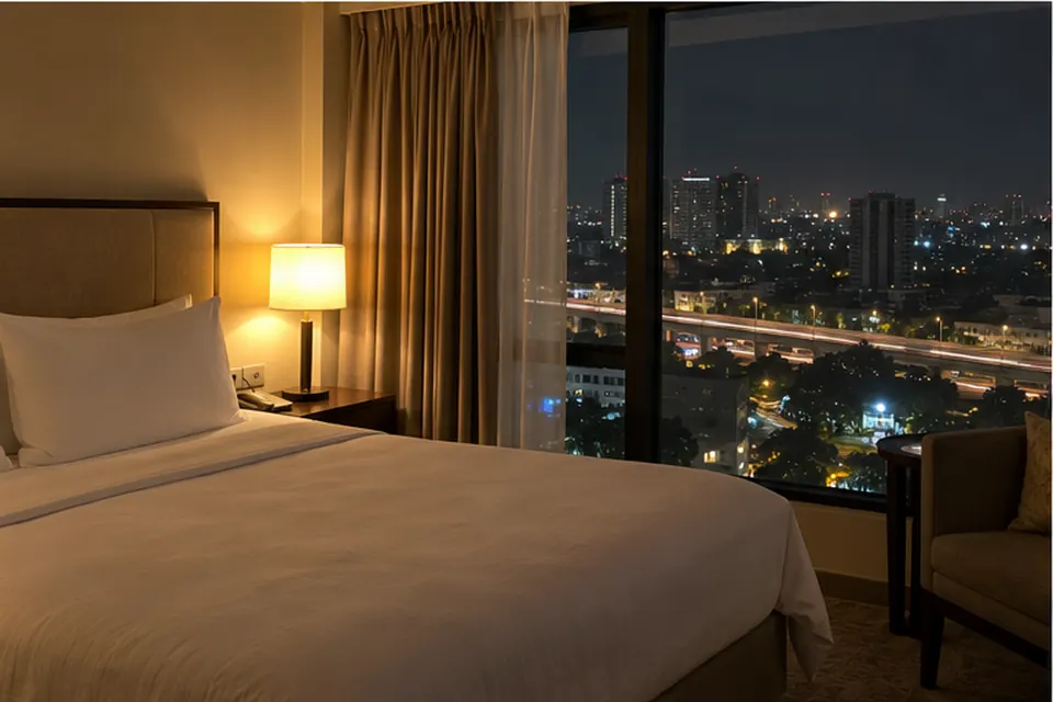 A quiet hotel room at night with a lamp on and city lights in the window