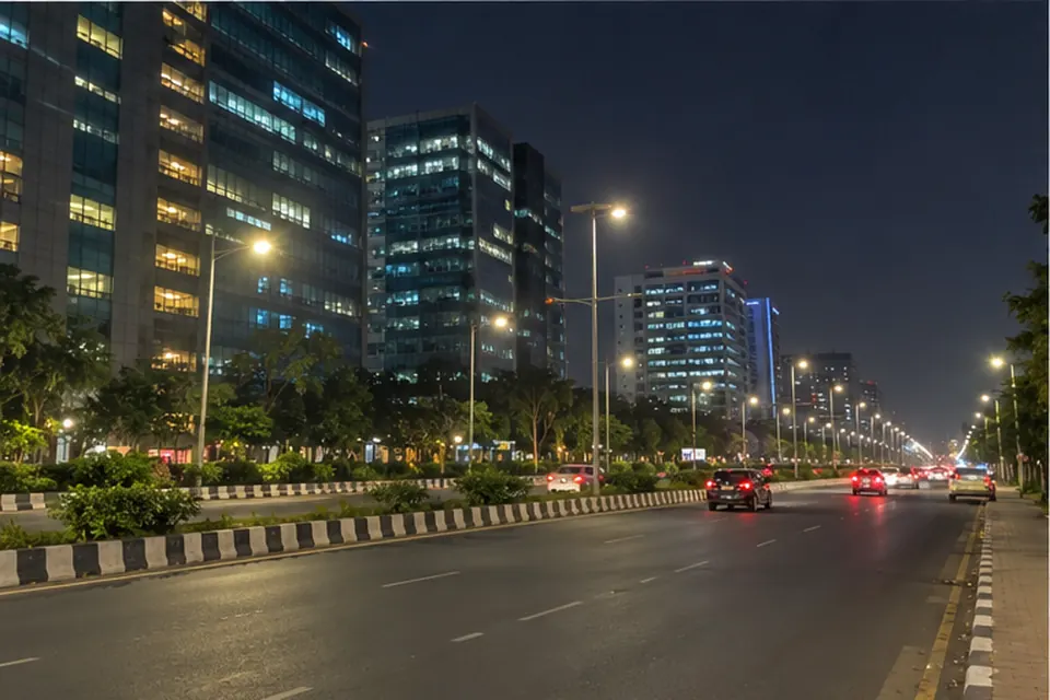 The OMR road towards Kelambakkam at night, office towers lit